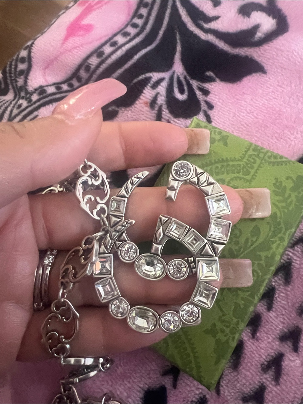 Gucci Silver-Tone Crystal GG Drop Necklace - Picture 3 of 3